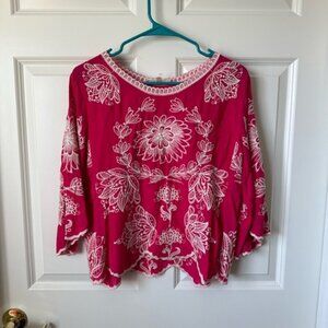 Solitaire Anthropology Women’s Pink Floral Embroidered Top Size L